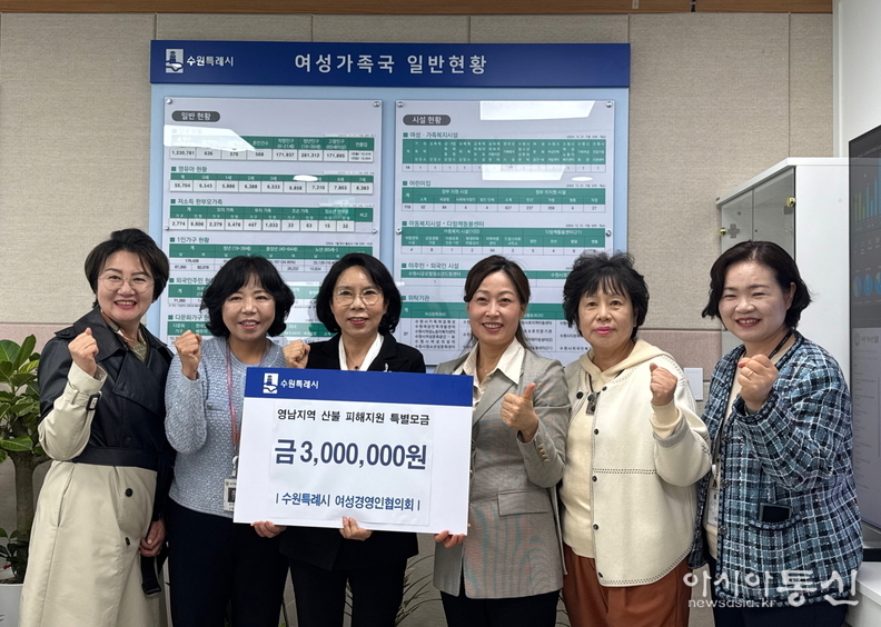 성금 전달 후 기념촬영을 하고 있다.