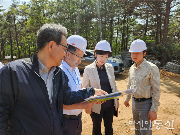 수원특례시의회 문화체육교육위원회 장미영 위원장(오른쪽 두 번째)이 관련 부서와 함께 송전철탑 이설 현장을 점검하고 있다
