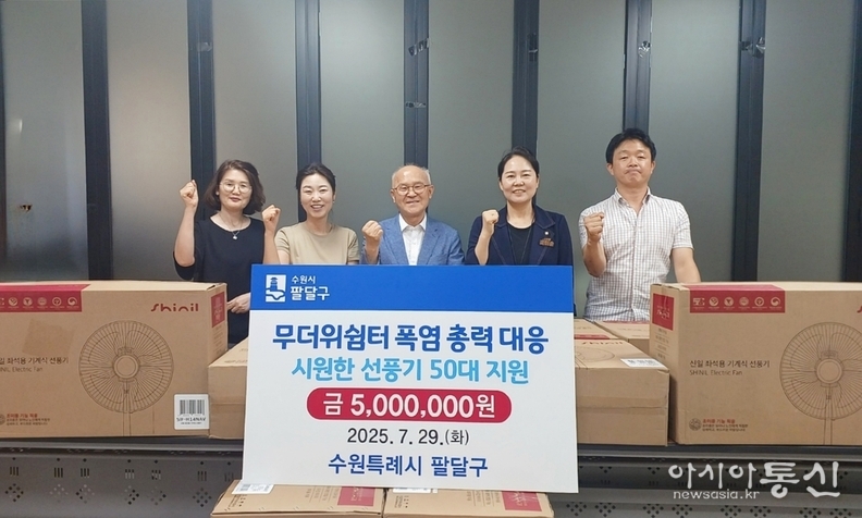 수원시 팔달구(구청장 이상균) 무더위쉼터 폭염 총력 대응 일환으로 무더위 쉼터에 선풍기 50대를 전달