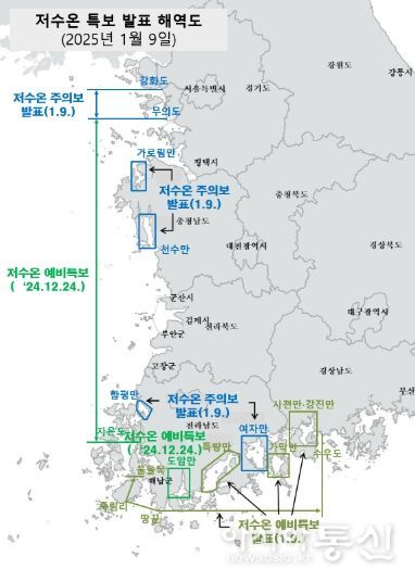 저수온 예비특보·특보 발표 해역