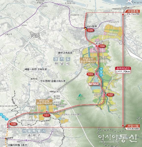 송파하남선(서울3호선 연장) 광역철도 위치도