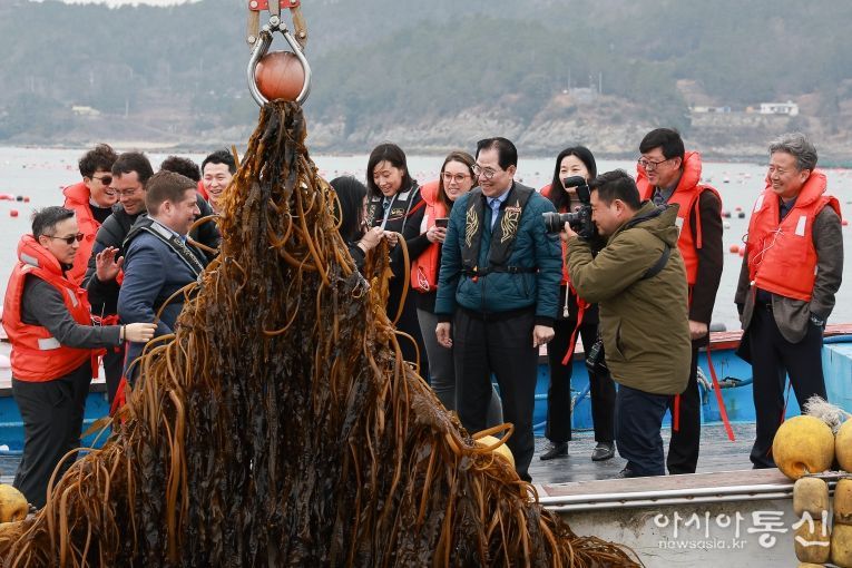 사진은 미 에너지부 산하기관 에너지 고등 계획원(ARPA-E) 관계자 완도군 해조류(미역) 양식장을 방문한 모습