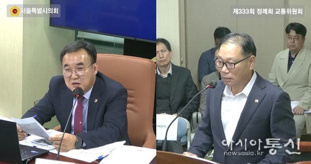 윤기섭 의원(국민의힘·노원5)이 지난 5일 교통위원회 회의실에서 실시된 행정사무감사에서 김용승 마을버스조합 이사장에게 질의를 하고 있다.