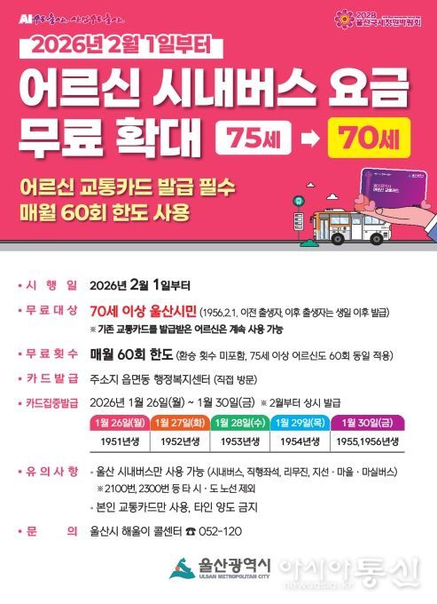 내년 2월 1일부터 시내버스 무료 이용 연령 70세로 확대