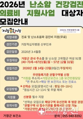 거창군, 2026년 난소암 검진 의료비 지원 대상자 선착순 모집