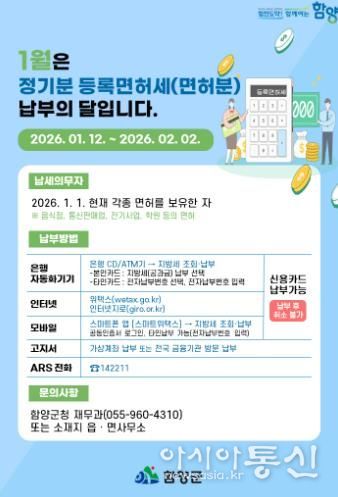 함양군, 1월 정기분 등록면허세(면허분) 납부 홍보